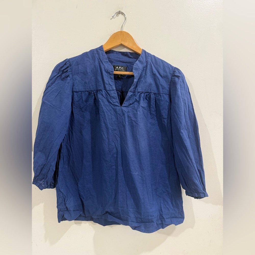 A.P.C. Indigo Cotton V-Neck Peasant Top
